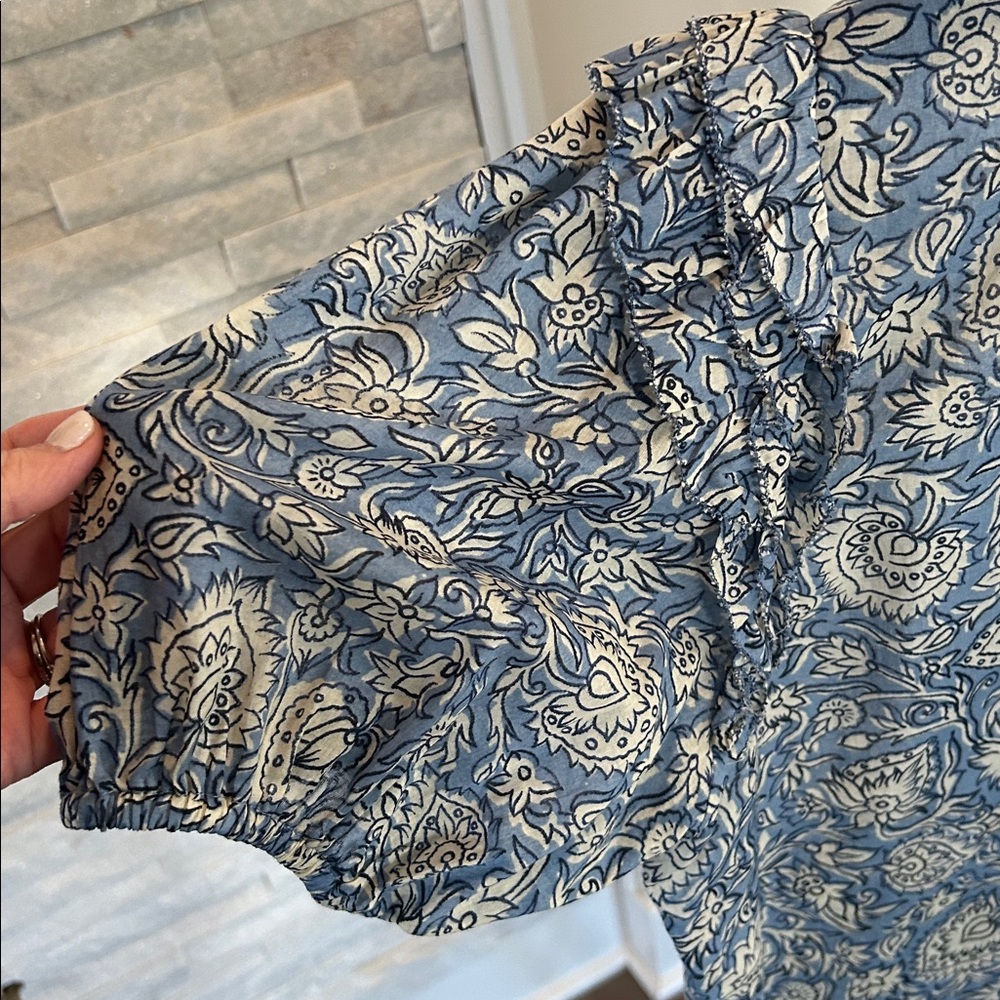 Avara Blue Paisley Puff Sleeve Peasant Blouse | Boho Floral Top - Picture 3 of 4